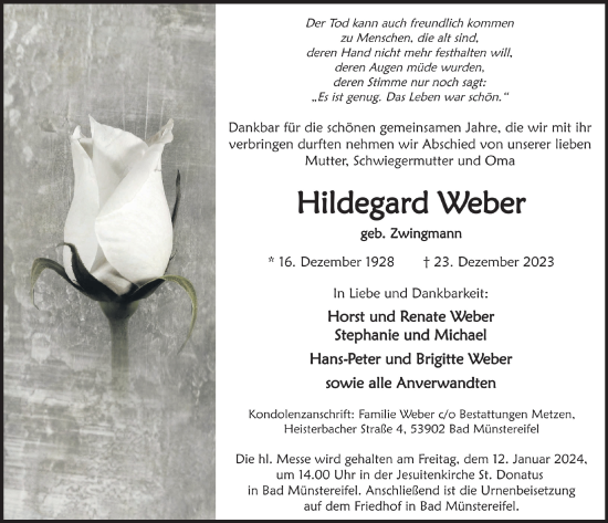 Anzeige von Hildegard Weber von  Blickpunkt Euskirchen 