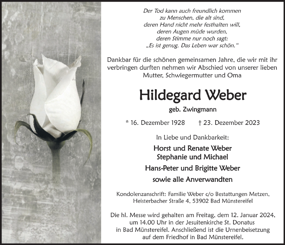  Traueranzeige für Hildegard Weber vom 06.01.2024 aus  Blickpunkt Euskirchen 