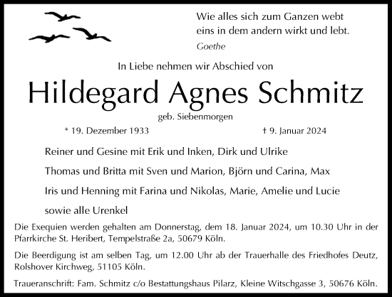 Anzeige von Hildegard Agnes Schmitz von Kölner Stadt-Anzeiger / Kölnische Rundschau / Express
