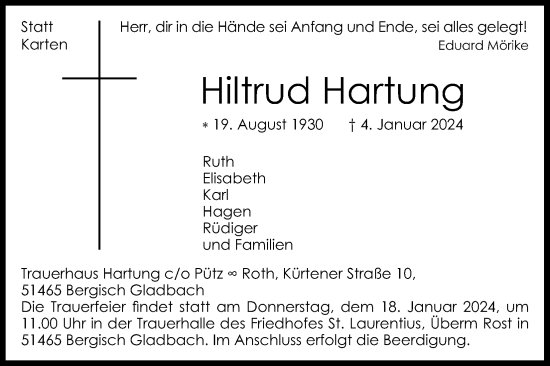 Anzeige von Hiltrud Hartung von Kölner Stadt-Anzeiger / Kölnische Rundschau / Express