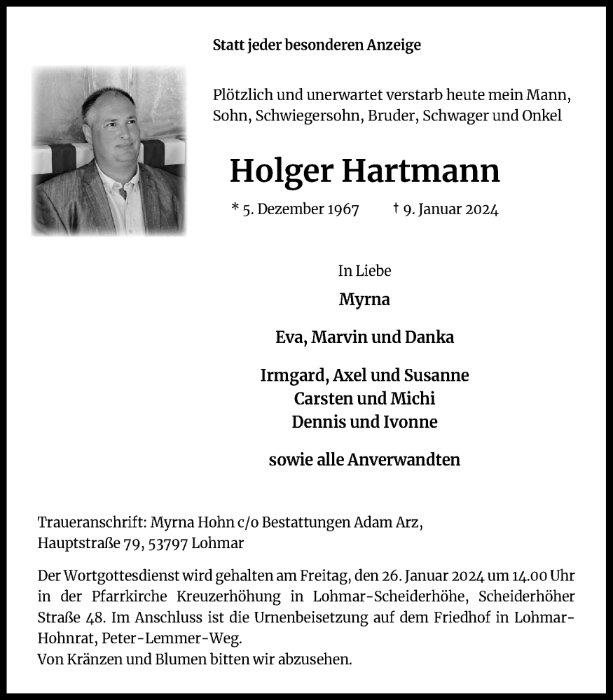  Traueranzeige für Holger Hartmann vom 20.01.2024 aus Kölner Stadt-Anzeiger / Kölnische Rundschau / Express