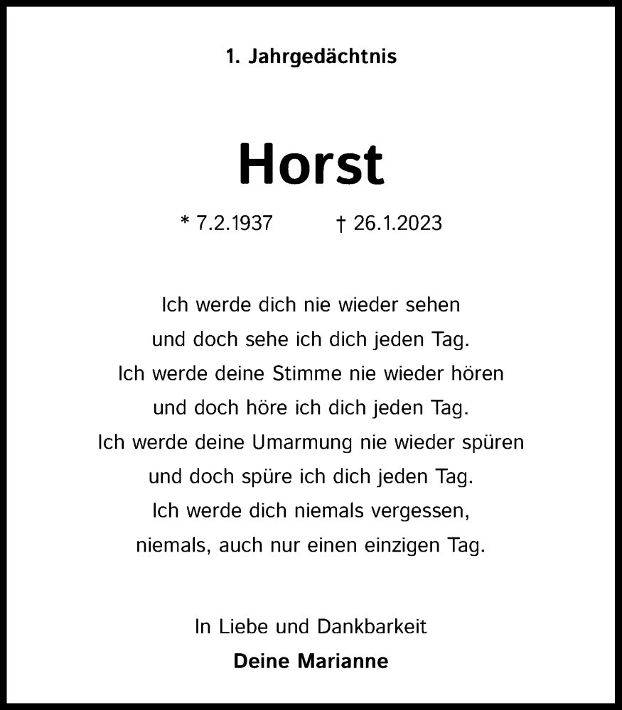  Traueranzeige für Horst  vom 26.01.2024 aus Kölner Stadt-Anzeiger / Kölnische Rundschau / Express