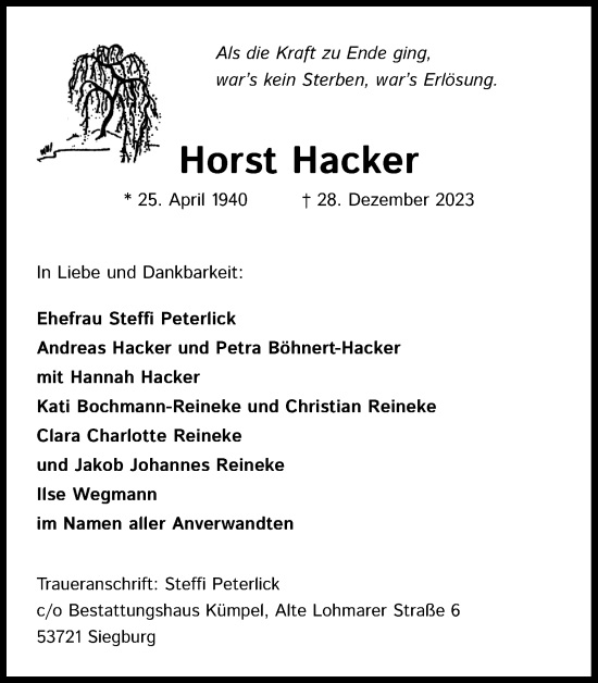 Anzeige von Horst Hacker von Kölner Stadt-Anzeiger / Kölnische Rundschau / Express
