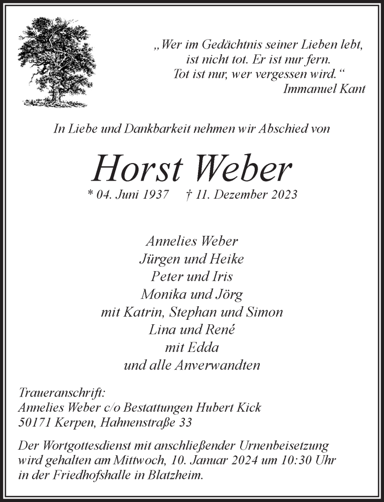  Traueranzeige für Horst Weber vom 05.01.2024 aus  Werbepost 