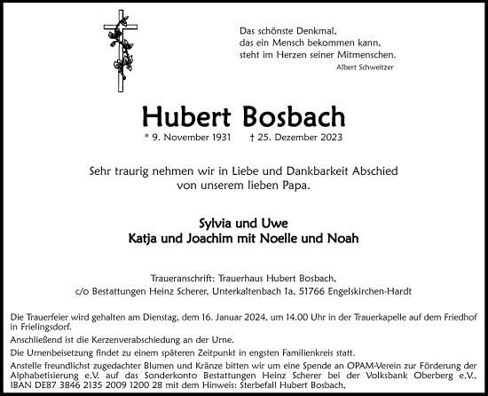 Anzeige von Hubert Bosbach von Kölner Stadt-Anzeiger / Kölnische Rundschau / Express