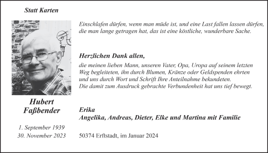 Anzeige von Hubert Faßbender von  Werbepost 