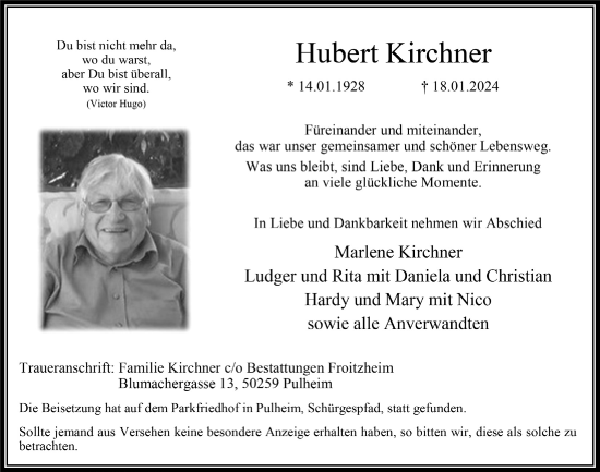 Anzeige von Hubert Kirchner von  Wochenende 