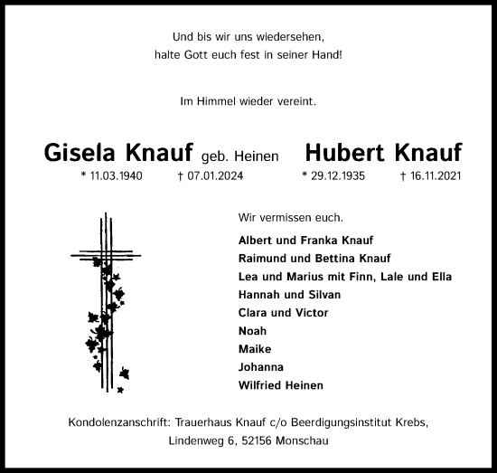 Anzeige von Hubert Knauf von Kölner Stadt-Anzeiger / Kölnische Rundschau / Express