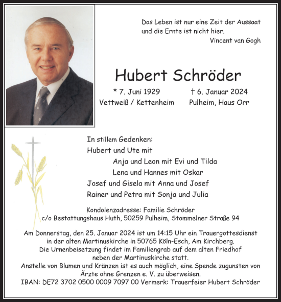 Anzeige von Hubert Schröder von  Wochenende 