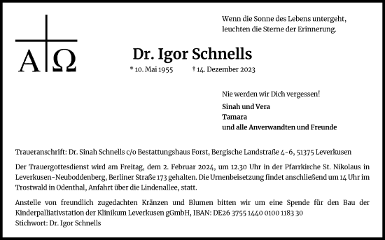 Anzeige von Igor Schnells von Kölner Stadt-Anzeiger / Kölnische Rundschau / Express