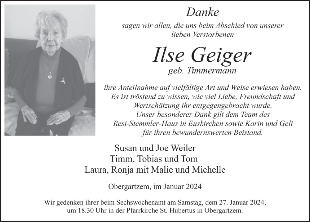  Traueranzeige für Ilse Geiger vom 20.01.2024 aus  Blickpunkt Euskirchen 