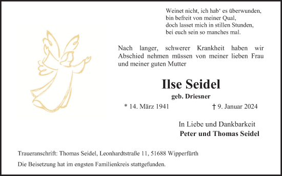 Anzeige von Ilse Seidel von Kölner Stadt-Anzeiger / Kölnische Rundschau / Express