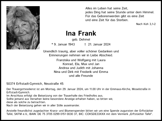 Anzeige von Ina Frank von Kölner Stadt-Anzeiger / Kölnische Rundschau / Express