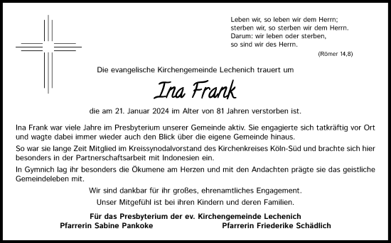 Anzeige von Ina Frank von Kölner Stadt-Anzeiger / Kölnische Rundschau / Express