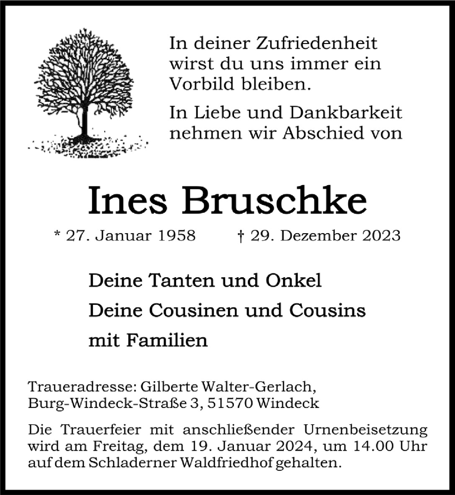  Traueranzeige für Ines Bruschke vom 12.01.2024 aus  Lokalanzeiger 