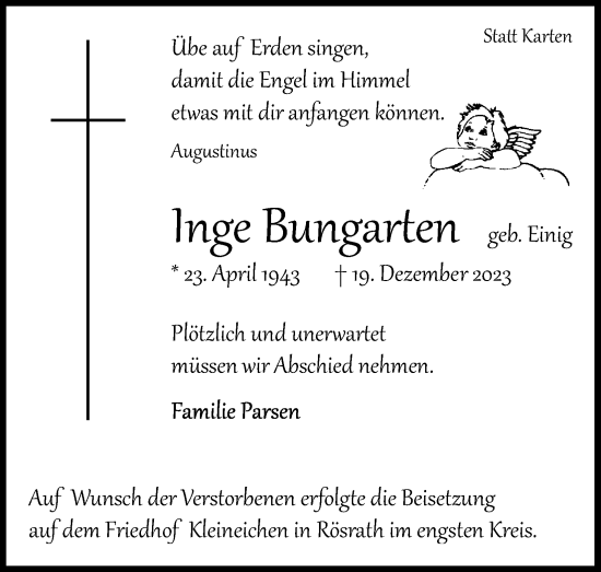 Anzeige von Inge Bungarten von Kölner Stadt-Anzeiger / Kölnische Rundschau / Express