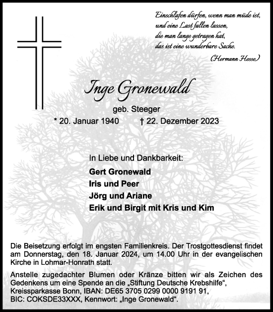 Anzeige von Inge Gronewald von Kölner Stadt-Anzeiger / Kölnische Rundschau / Express