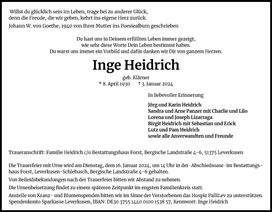 Anzeige von Inge Heidrich von Kölner Stadt-Anzeiger / Kölnische Rundschau / Express