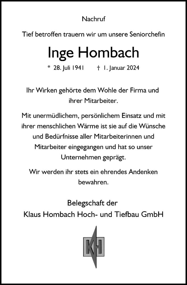  Traueranzeige für Inge Hombach vom 12.01.2024 aus  Anzeigen Echo 