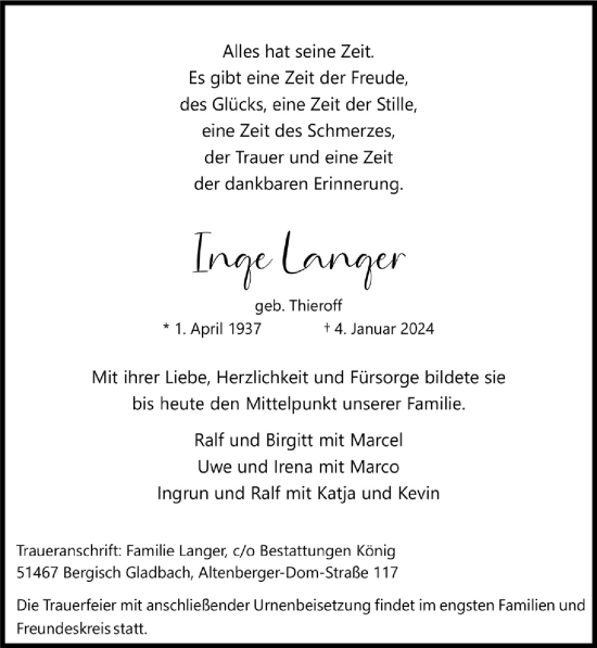Anzeige von Inge Langer von  Bergisches Handelsblatt 