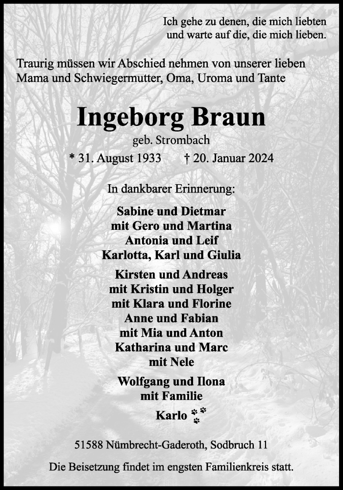  Traueranzeige für Ingeborg Braun vom 27.01.2024 aus Kölner Stadt-Anzeiger / Kölnische Rundschau / Express