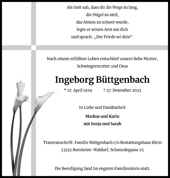 Anzeige von Ingeborg Büttgenbach von Kölner Stadt-Anzeiger / Kölnische Rundschau / Express