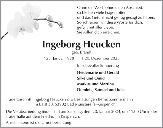 Anzeige von Ingeborg Heucken von  Blickpunkt Euskirchen 