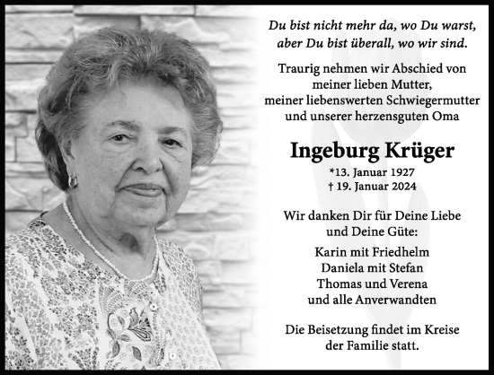 Anzeige von Ingeburg Krüger von Kölner Stadt-Anzeiger / Kölnische Rundschau / Express