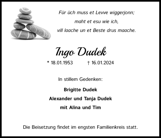 Anzeige von Ingo Dudek von Kölner Stadt-Anzeiger / Kölnische Rundschau / Express