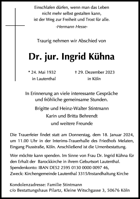 Anzeige von Ingrid Kühna von Kölner Stadt-Anzeiger / Kölnische Rundschau / Express
