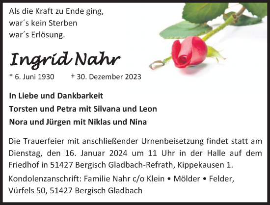Anzeige von Ingrid Nahr von Kölner Stadt-Anzeiger / Kölnische Rundschau / Express