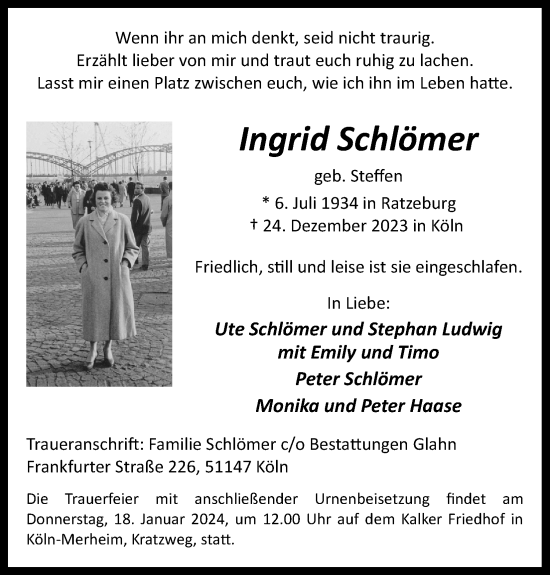 Anzeige von Ingrid Schlömer von Kölner Stadt-Anzeiger / Kölnische Rundschau / Express