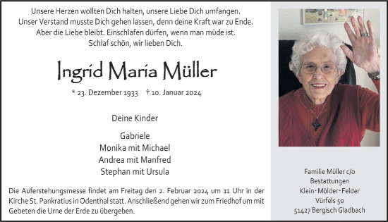 Anzeige von Ingrid Maria Müller von  Bergisches Handelsblatt 