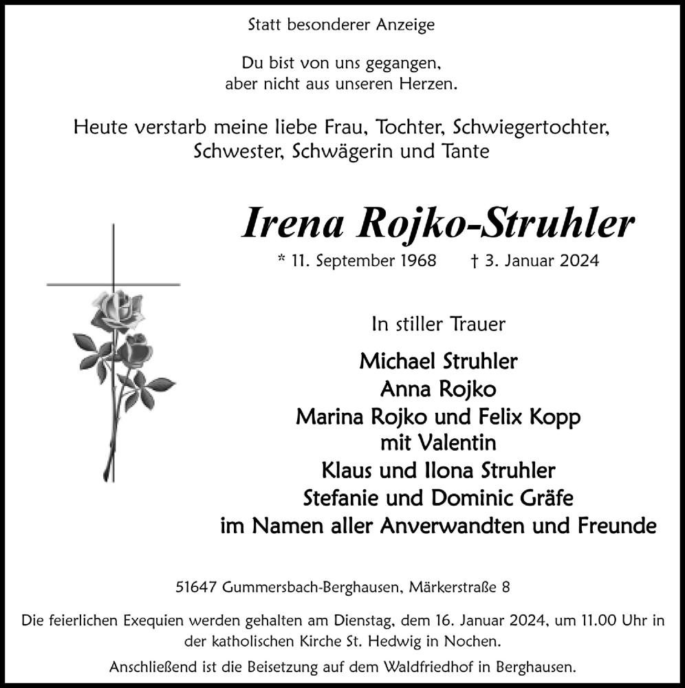  Traueranzeige für Irena Rojko-Struhler vom 12.01.2024 aus  Anzeigen Echo 