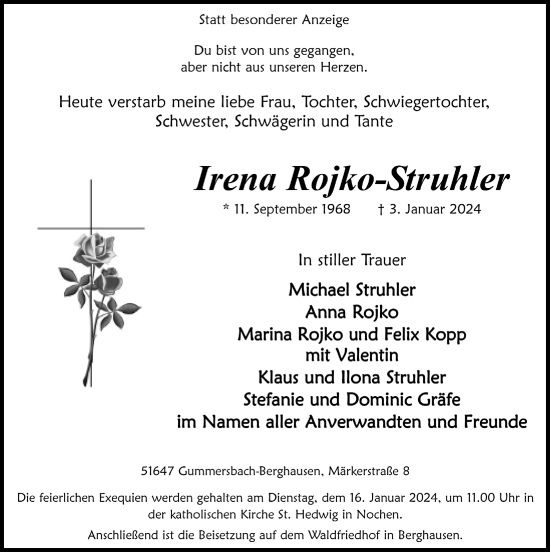 Anzeige von Irena Rojko-Struhler von  Anzeigen Echo 