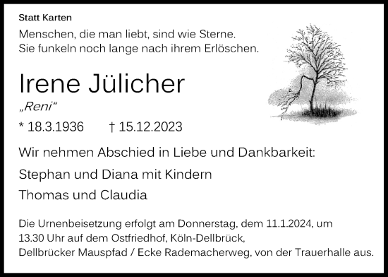Anzeige von Irene Jülicher von Kölner Stadt-Anzeiger / Kölnische Rundschau / Express