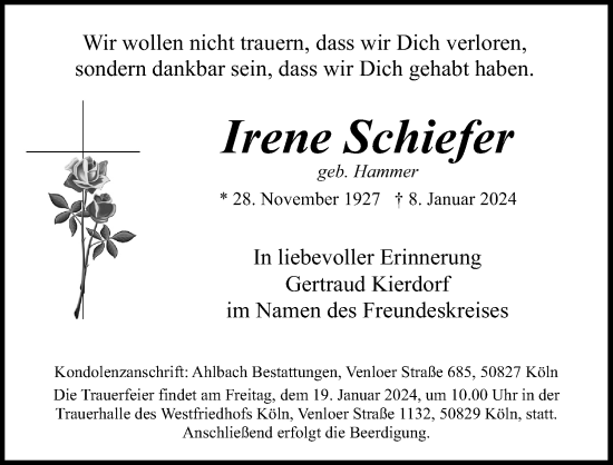 Anzeige von Irene Schiefer von Kölner Stadt-Anzeiger / Kölnische Rundschau / Express