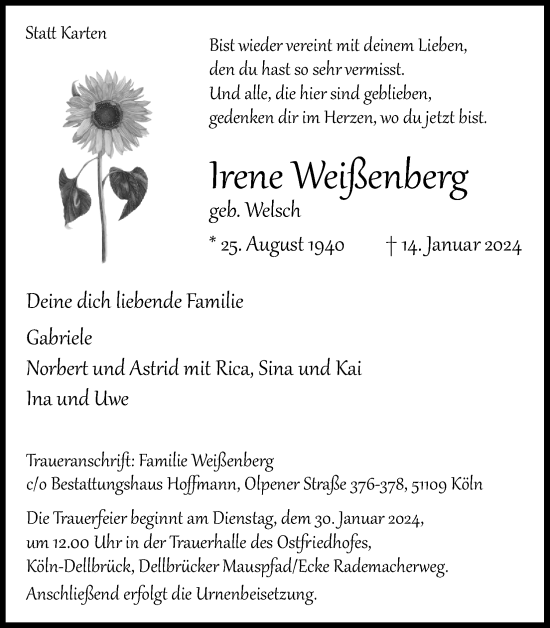 Anzeige von Irene Weißenberg von Kölner Stadt-Anzeiger / Kölnische Rundschau / Express