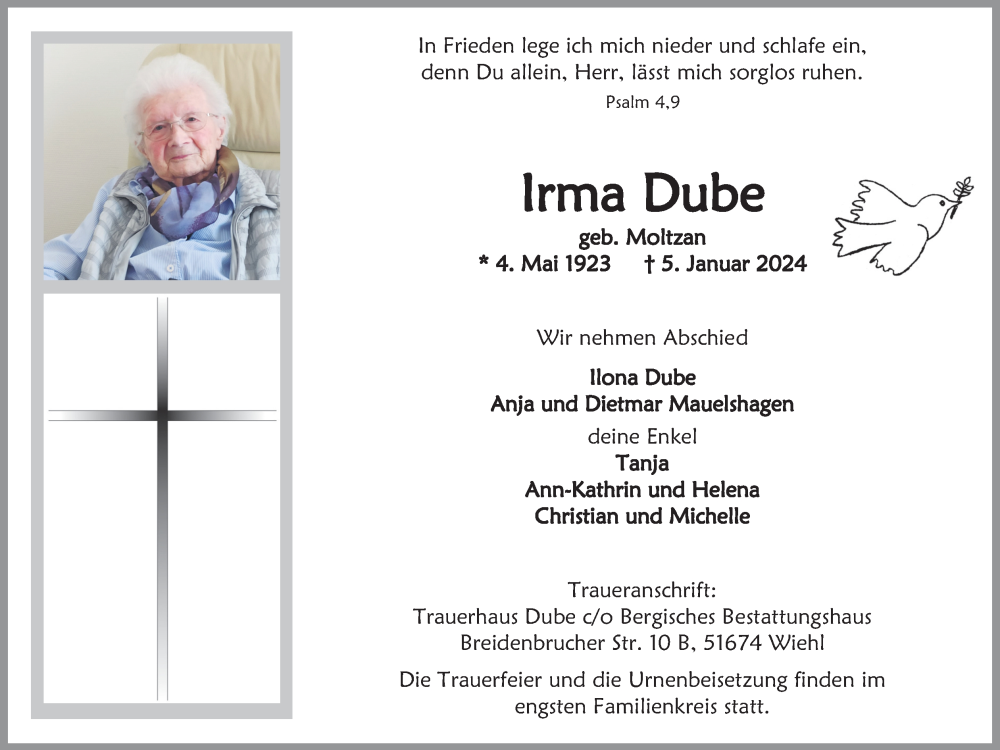  Traueranzeige für Irma Dube vom 13.01.2024 aus Kölner Stadt-Anzeiger / Kölnische Rundschau / Express
