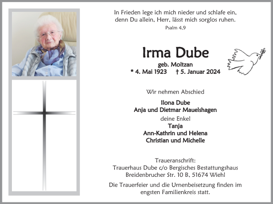 Anzeige von Irma Dube von Kölner Stadt-Anzeiger / Kölnische Rundschau / Express