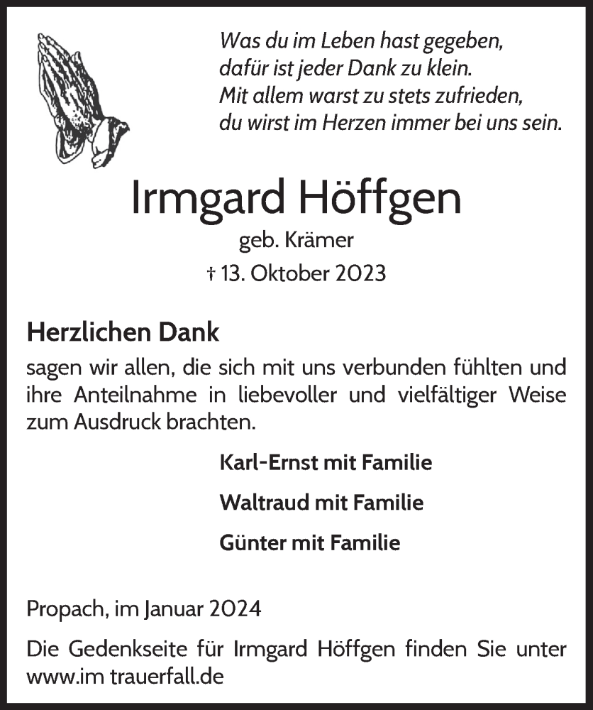  Traueranzeige für Irmgard Höffgen vom 19.01.2024 aus  Lokalanzeiger 