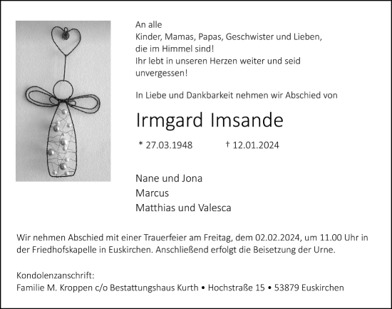 Anzeige von Irmgard Imsande von  Blickpunkt Euskirchen 