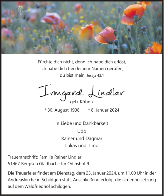 Anzeige von Irmgard Lindlar von  Bergisches Handelsblatt 