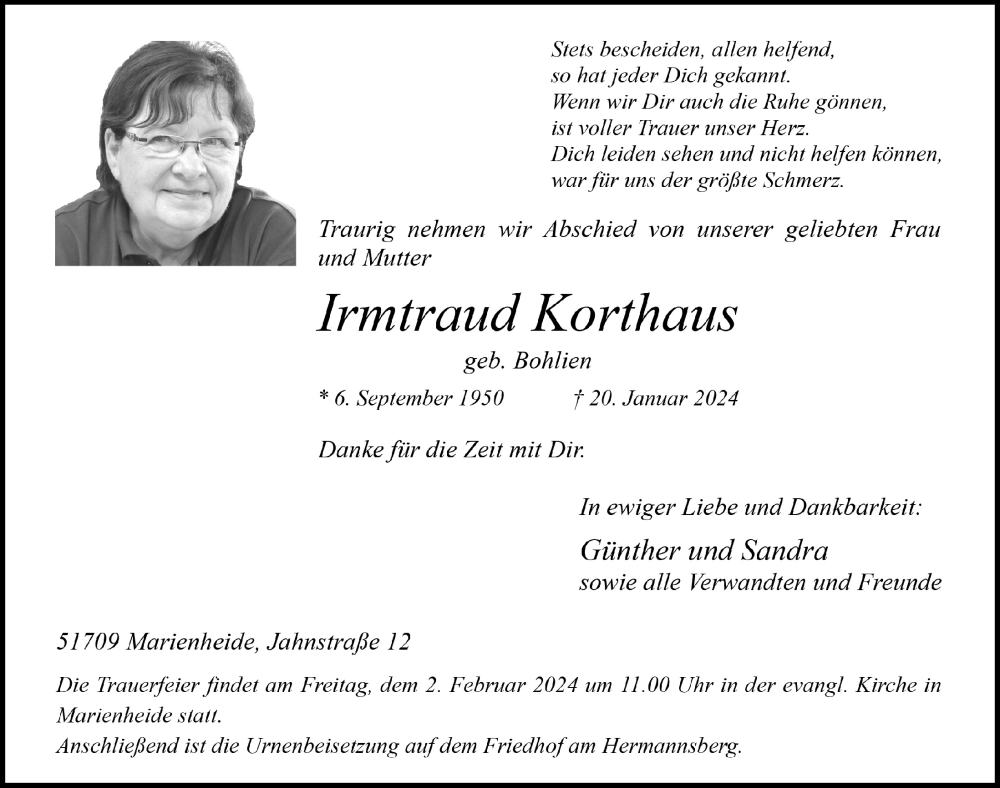  Traueranzeige für Irmtraud Korthaus vom 26.01.2024 aus  Anzeigen Echo 