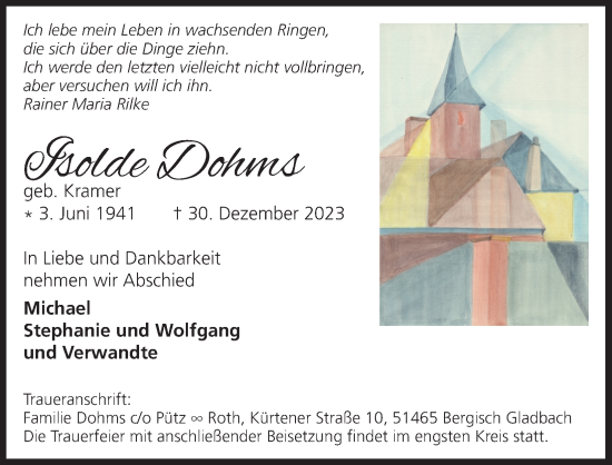 Anzeige von Isolde Dohms von Kölner Stadt-Anzeiger / Kölnische Rundschau / Express