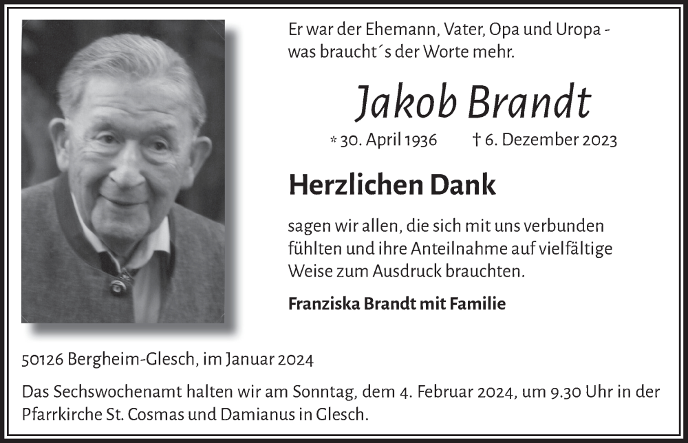  Traueranzeige für Jakob Brandt vom 26.01.2024 aus  Werbepost 