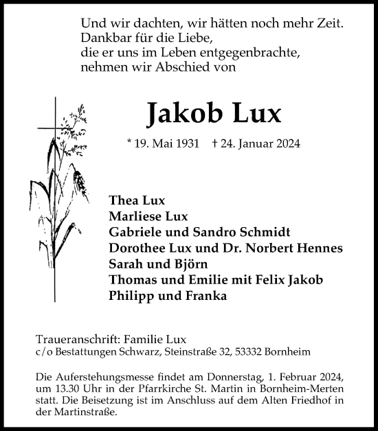 Anzeige von Jakob Lux von Kölner Stadt-Anzeiger / Kölnische Rundschau / Express