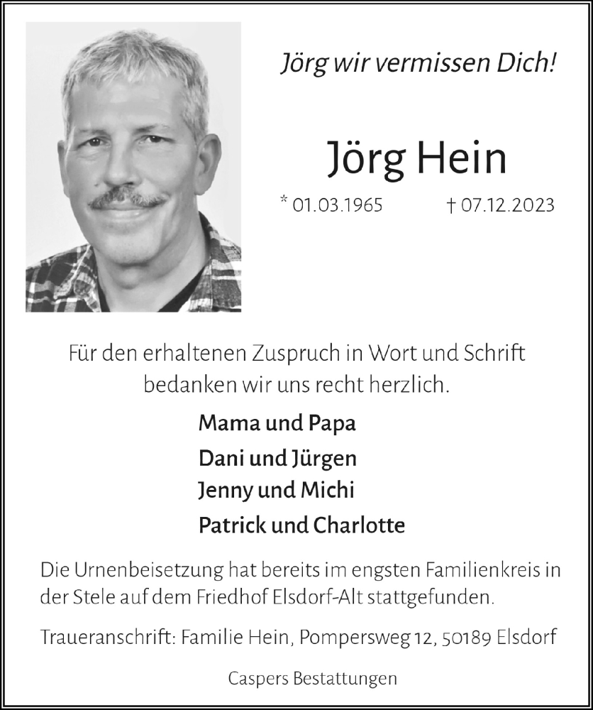  Traueranzeige für Jörg Hein vom 12.01.2024 aus  Werbepost 