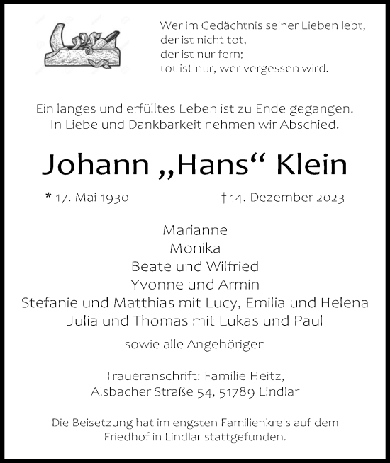 Anzeige von Johann Klein von Kölner Stadt-Anzeiger / Kölnische Rundschau / Express
