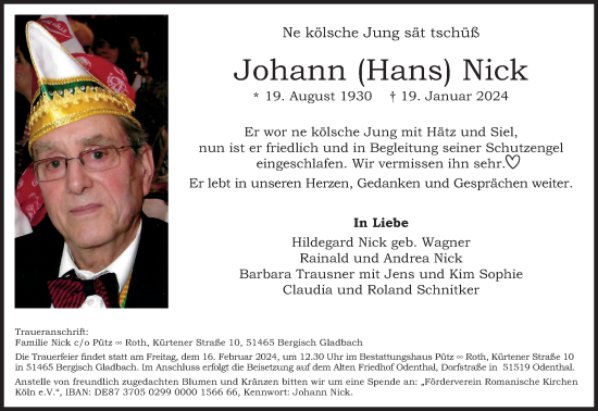 Anzeige von Johann Nick von Kölner Stadt-Anzeiger / Kölnische Rundschau / Express